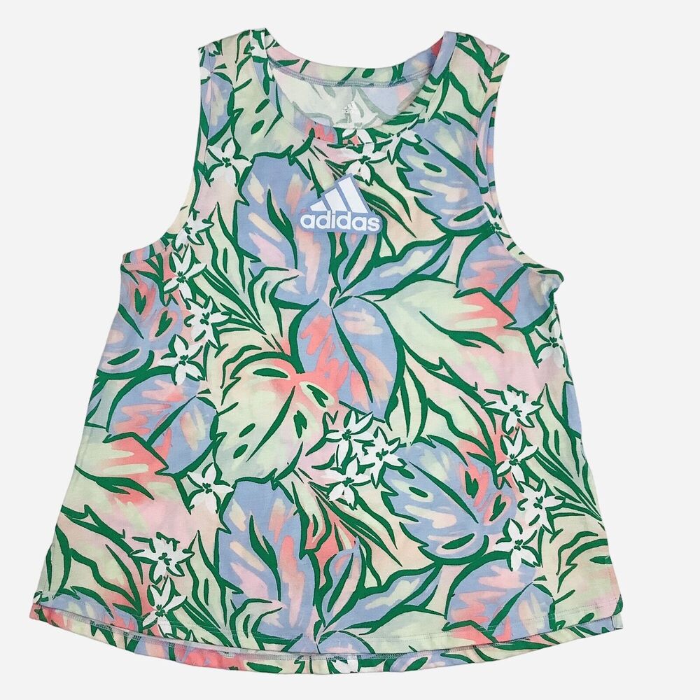 Adidas Summer Tropical Print Tank Top Shirt Girl's L 14 Blue Pink Green Floral